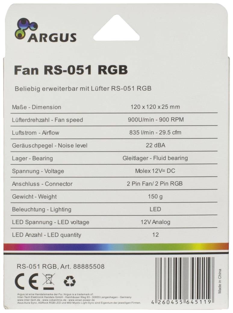 'Argus' emballage til en blæser med model RS-051 RGB. Mål: 120x120x25mm, omdrejningshastighed: 900-1500 omdr./min., luftgennemstrømning: 15,81-29,5 CFM, tilslutning: Molex 12V DC.