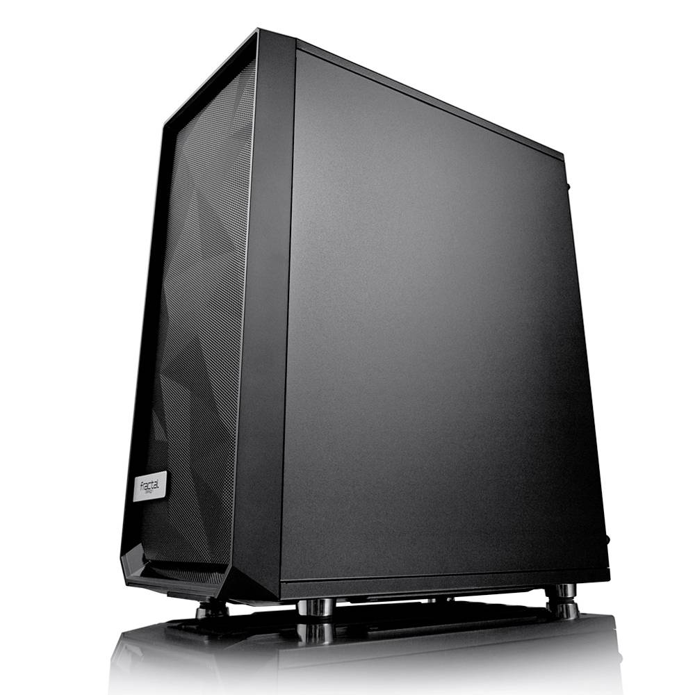 Sort PC-kabinet med minimalistisk design, rektangulær form og højglanspoleret overflade, står på et bord.