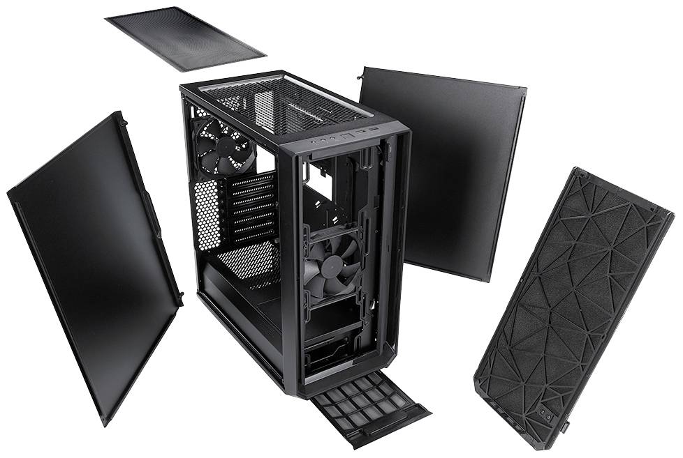 Et adskilt, sort computeretui med fjernede sideпанeler, top- og frontdel, viser dets indre rum og en monteret ventilator.