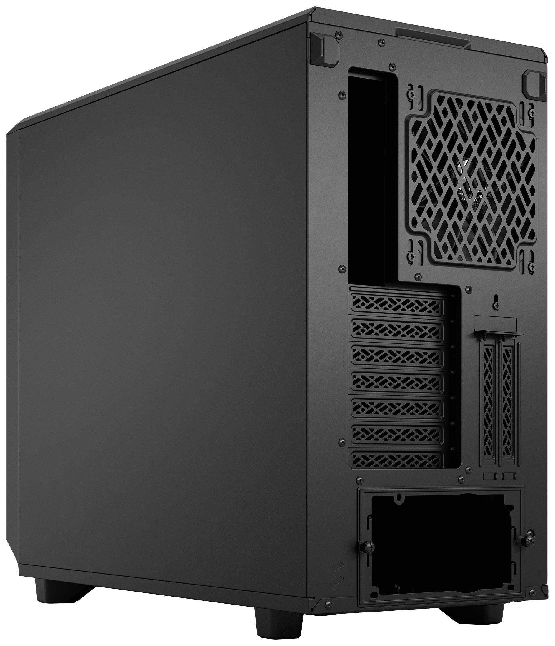 Et sort computerkabinet set bagfra. Det viser flere ventilationsåbninger og udvidelsesslots.