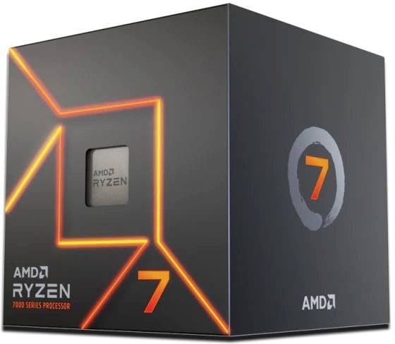 Emballage til en AMD Ryzen 7000 Series processor med et stiliseret, lysende design, hvor tallet 7 er fremhævet.