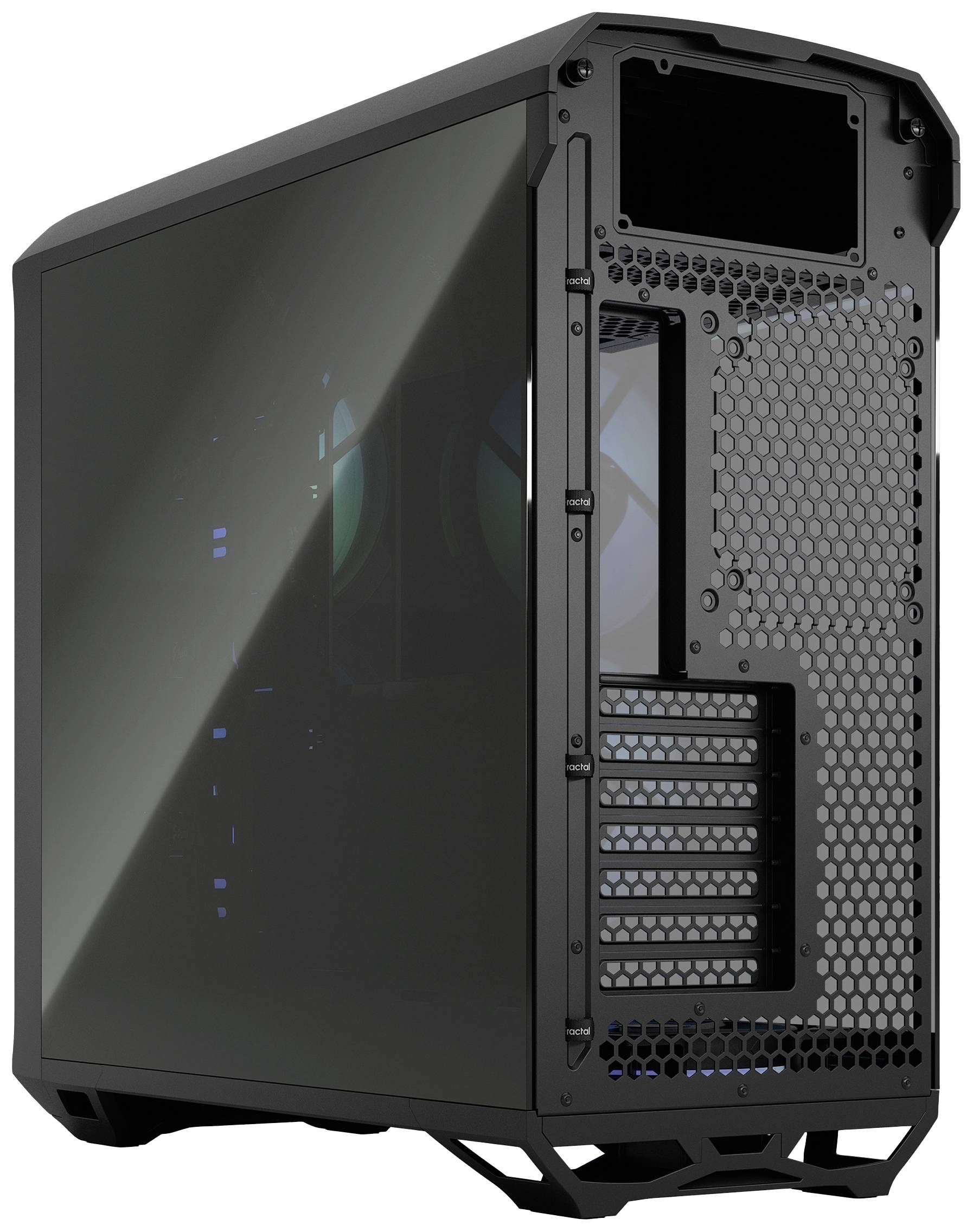 Sort computeretui med gennemsigtigt sidepanel, åben frontgitter og flere ventilationsåbninger for optimal køling.
