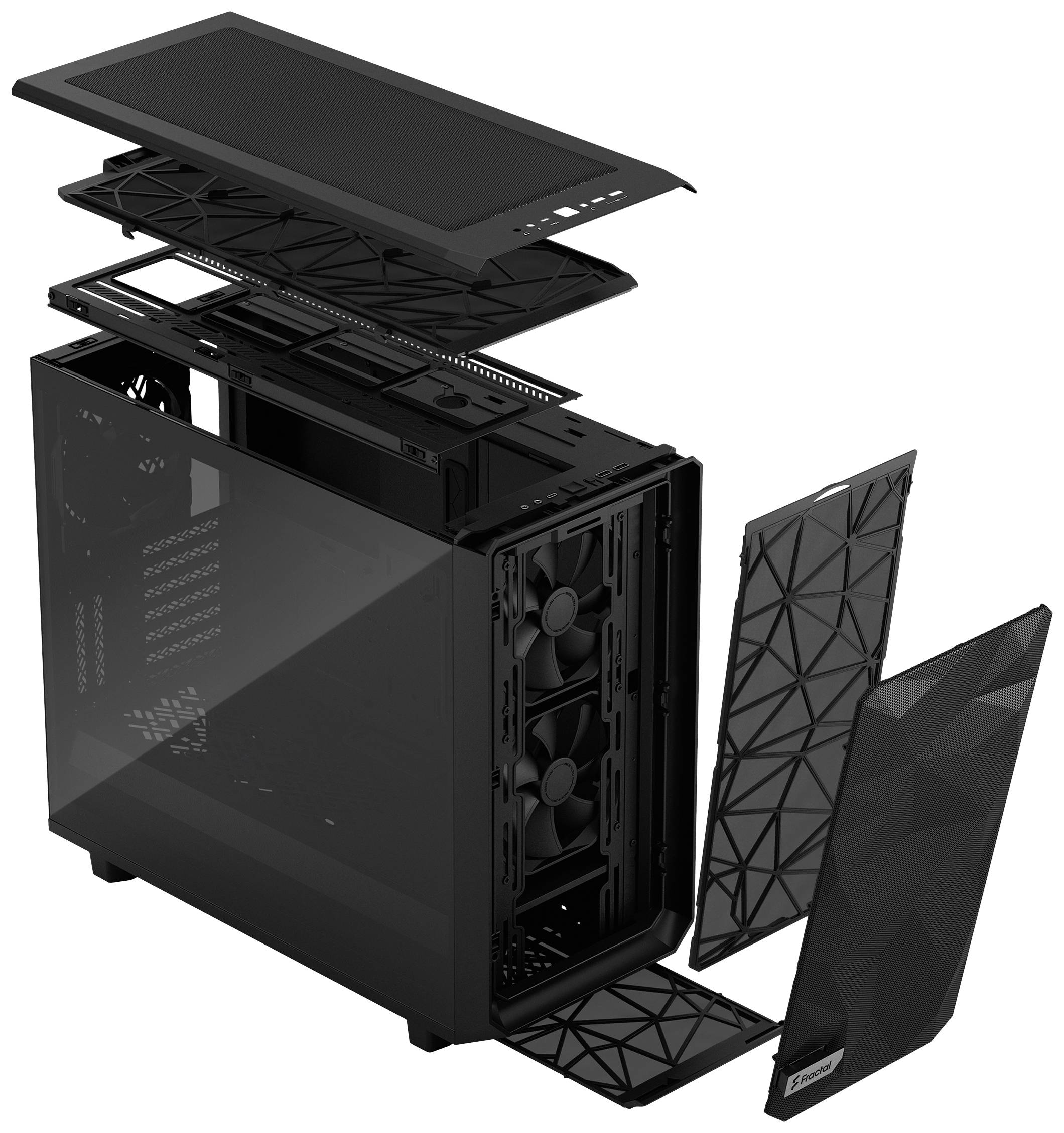 Eksploderet fremstilling af en PC-kabinet med aftagelige sidepaneler, låg og blæsere, som viser indvendige komponenter og ventilation.