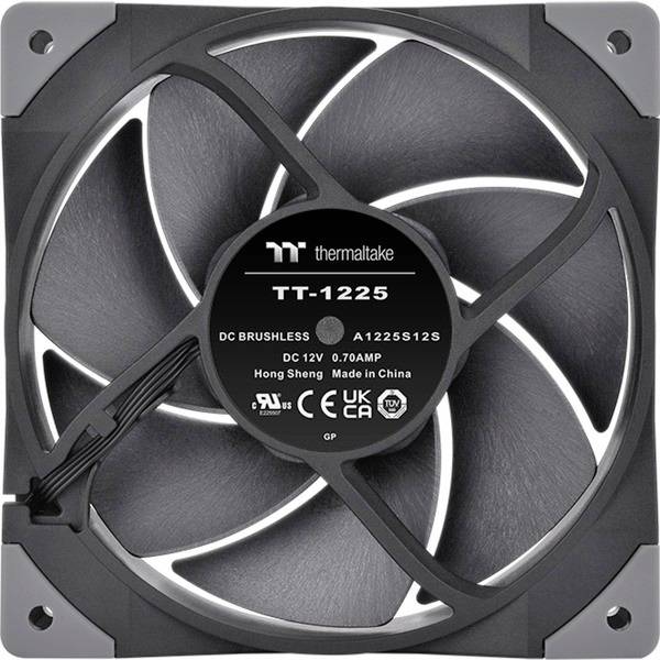Kølerventilatorer med fem grå blade fra Thermaltake, model TT-1225, DC 12V, 0,70A, fremstillet i Kina.