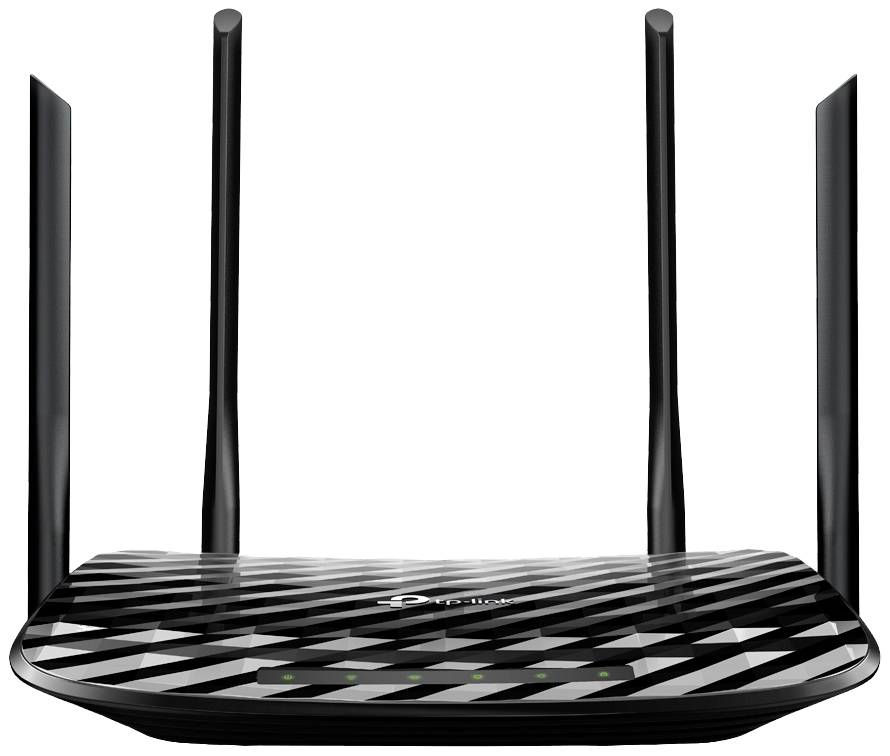 En sort WLAN-router med fire antennes, moderne overflade og lysende LED-indikatorer foran, symboliserer stærk forbindelsesevne.
