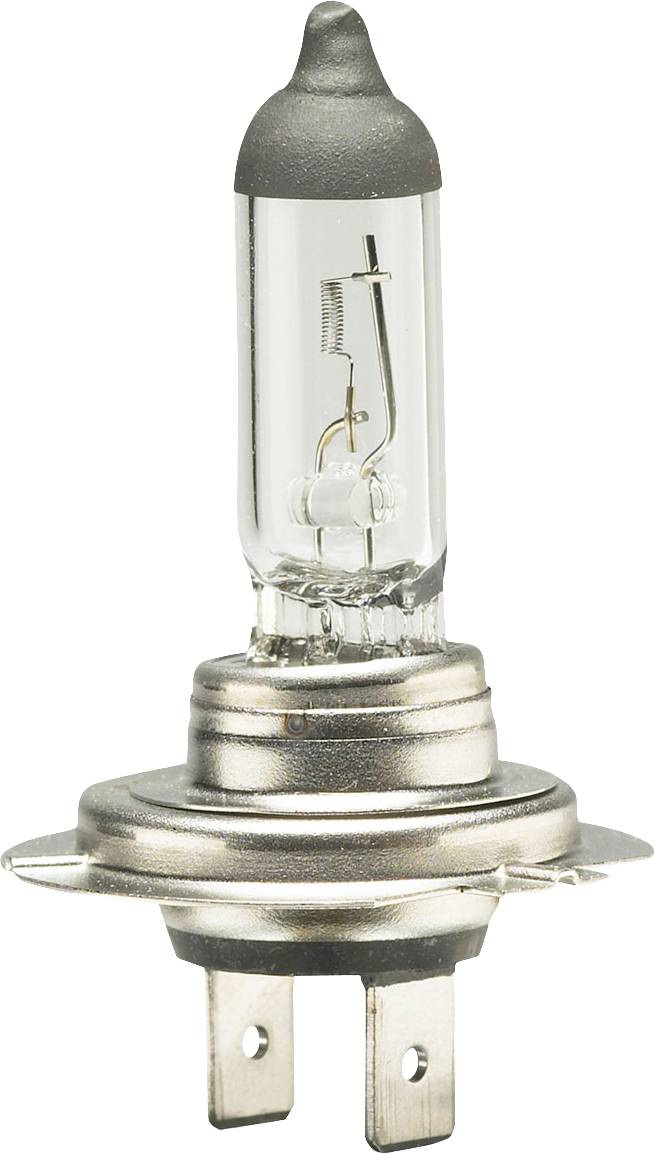 En halogenlampe med metalfatninger og en transparent glascylinder. Den er egnet til udskiftning i forlygter eller lamper.