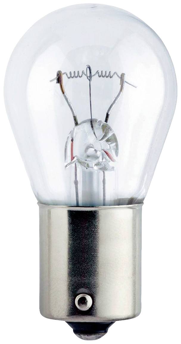 Glødepære med metalfatning, transparent glas og synlig glødetråd.