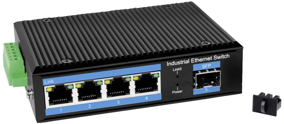 Industriel Ethernet-switch med fem porte, fire RJ45 og en SFP-port. Egnet til brug i netværk.