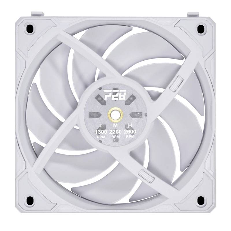 En hvid PC-ventilator med flere rotorblade er monteret i et firkantet kabinet. Centerdisken viser hastighedsmuligheder.