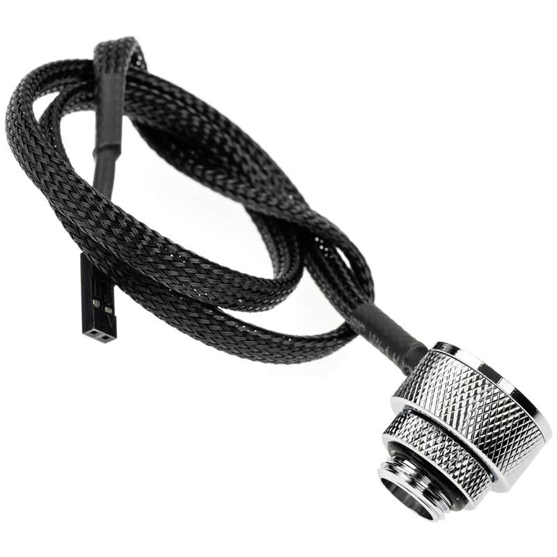 Sort, flettet PC-kabel med sølvfarvet metalstik. Velegnet til computer- og elektronikforbindelser.