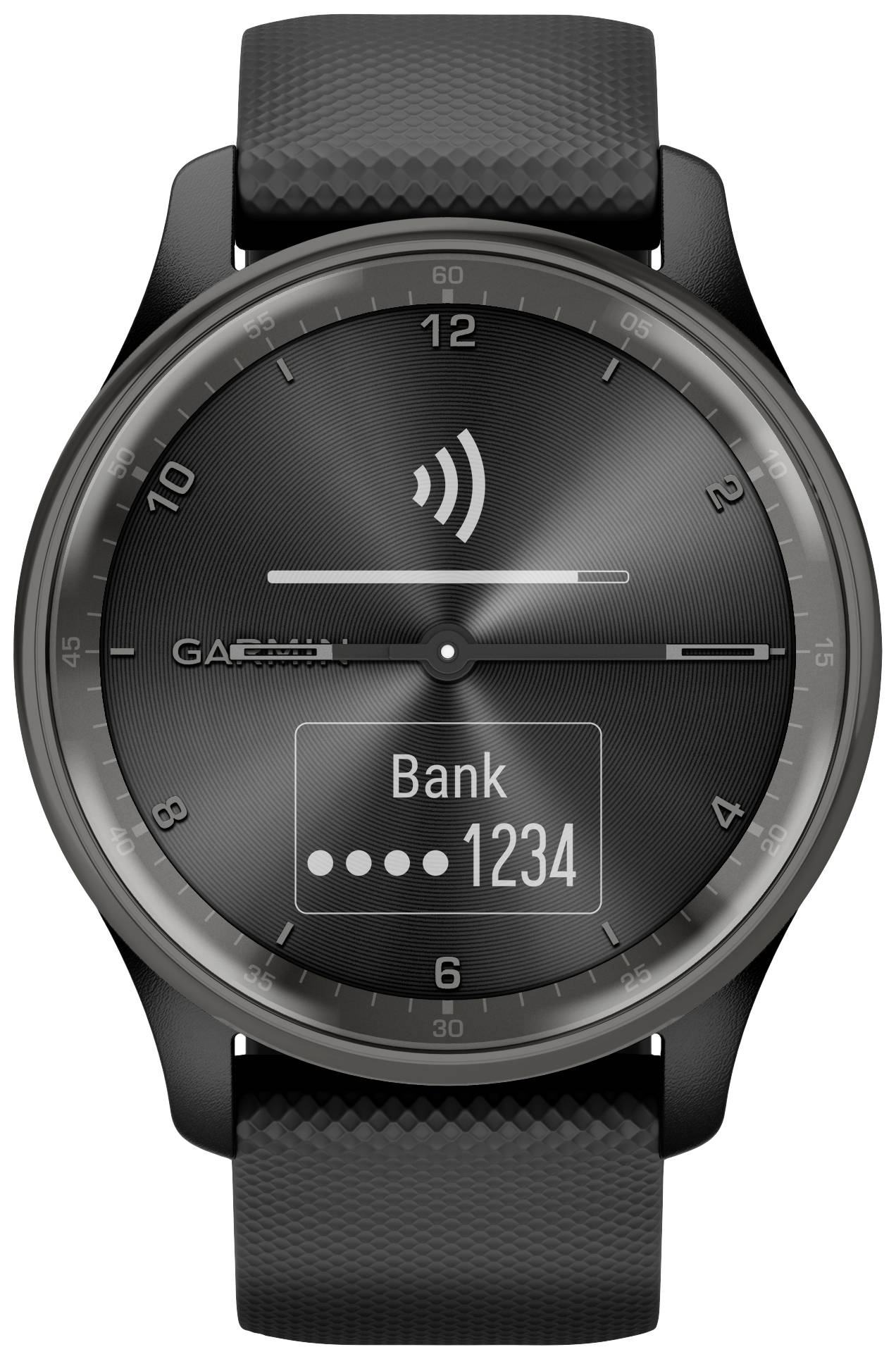 Sort smartwatch med kontaktløs betalingsindikator. Viser 'Bank' og fire punkter til PIN-kryptering.