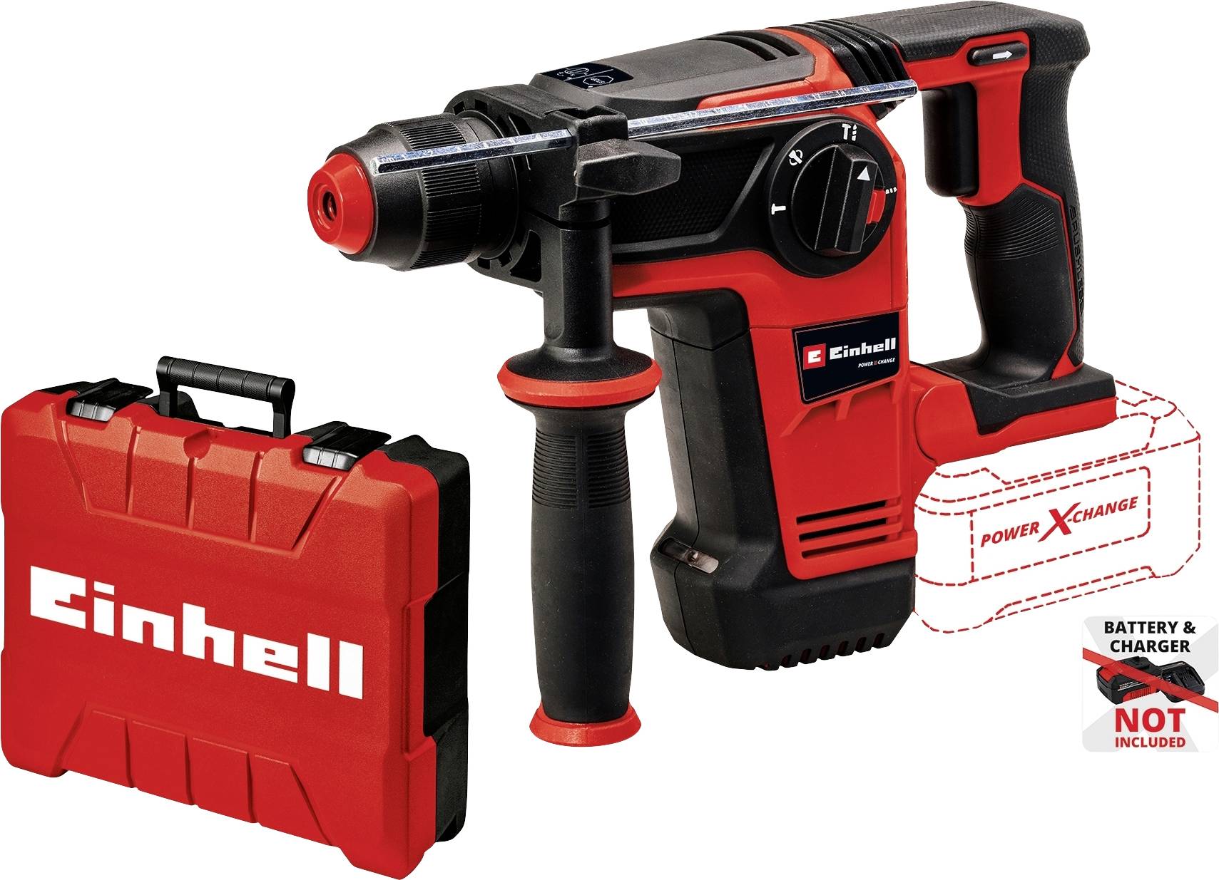 Billedet viser en rød Einhell borehammer ved siden af en bæretaske. Tekst på tasken: 'Einhell'. Tekst på borehammer-siden: 'Power X-Change'.