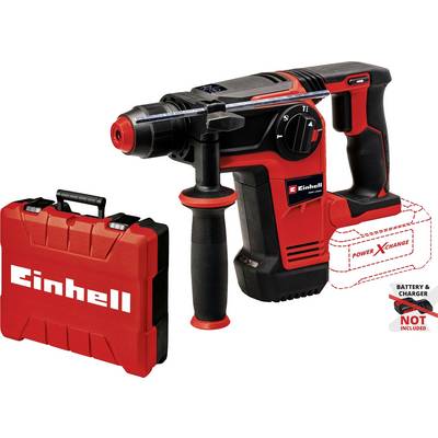 Billedet viser en rød Einhell borehammer ved siden af en bæretaske. Tekst på tasken: 'Einhell'. Tekst på borehammer-siden: 'Power X-Change'.