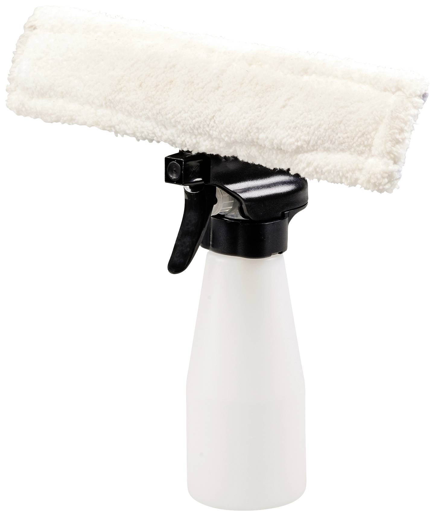 Sprayflaske med hvid mikrofiber rengøringsklud vedhæftet, egnet til rengøring.