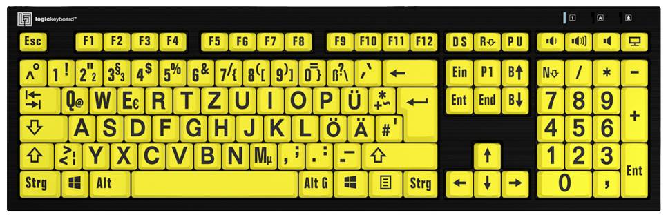 Gul tastatur med sorte bogstaver og symboler. Ergonomisk design for bedre læsbarhed. Komplet tysk tastaturlayout.