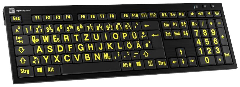 Sort computertastatur med store gule bogstaver og symboler. Tastaturlayout i QWERTZ-format, velegnet til mennesker med nedsat syn.