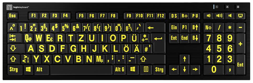 Et sort tastatur med store, gule bogstaver, tal og symboler, der er tydeligt synlige på tasterne for bedre læsbarhed.