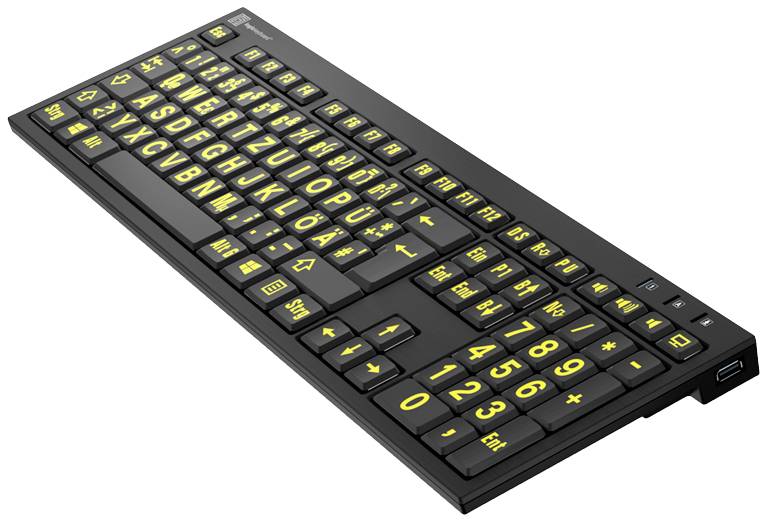 Sort tastatur med store, gule bogstaver og tal, som giver bedre læsbarhed og er velegnet til mennesker med synsnedsættelse.
