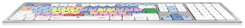 Tastatur med farverige taster, hver forsynet med specifikke symboler og tekster.