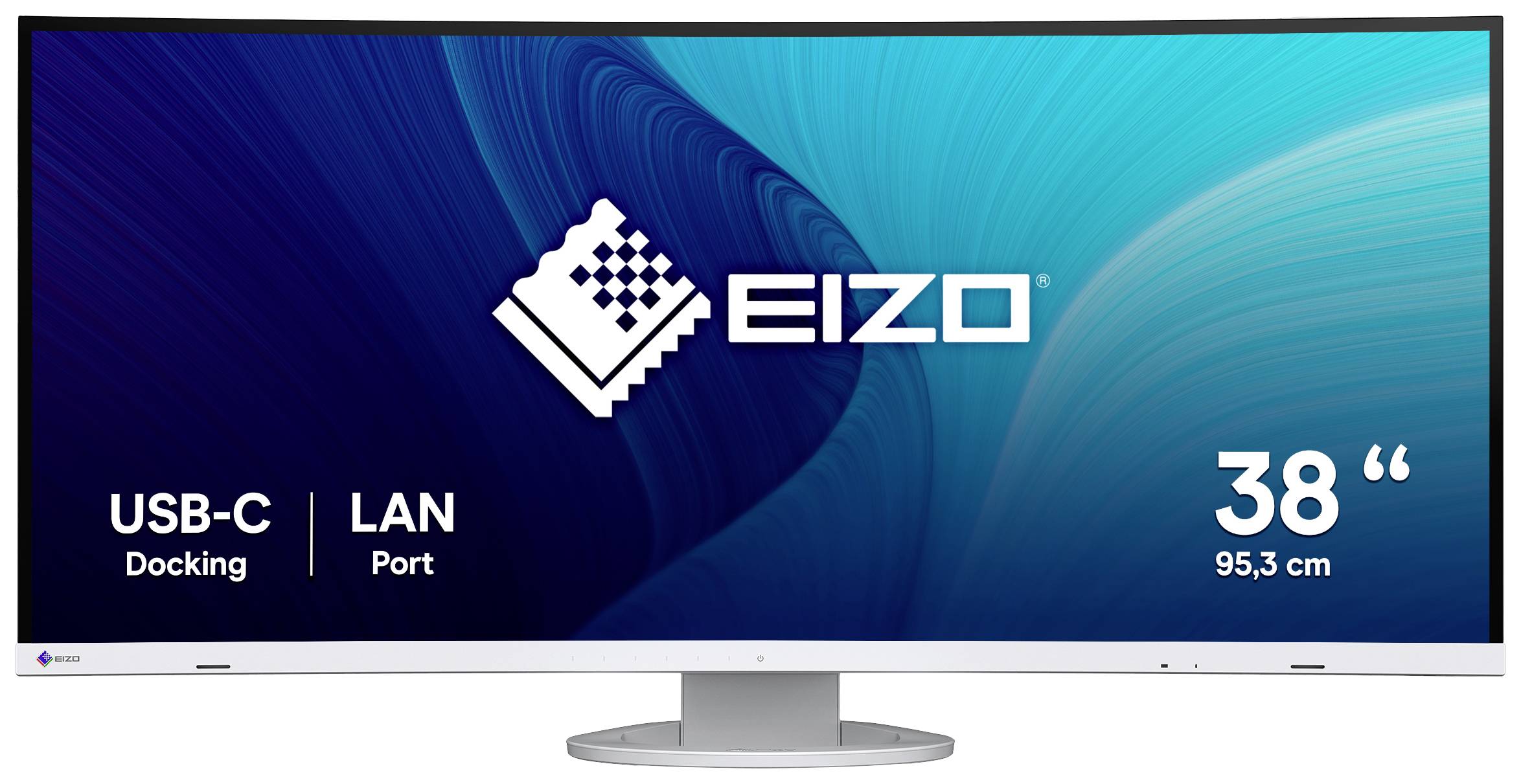 Bred computerskærm med EIZO-logo på blå baggrund. Venstre tekst: 'USB-C Docking', 'LAN-port'. Højre '38'' 95,3 cm'.