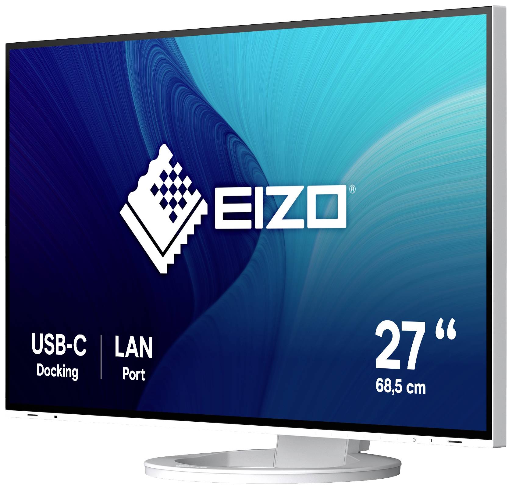 En computerskærm fra mærket EIZO med USB-C-docking og LAN-port. Skærmen har en diagonal på 27 tommer (68,5 cm).