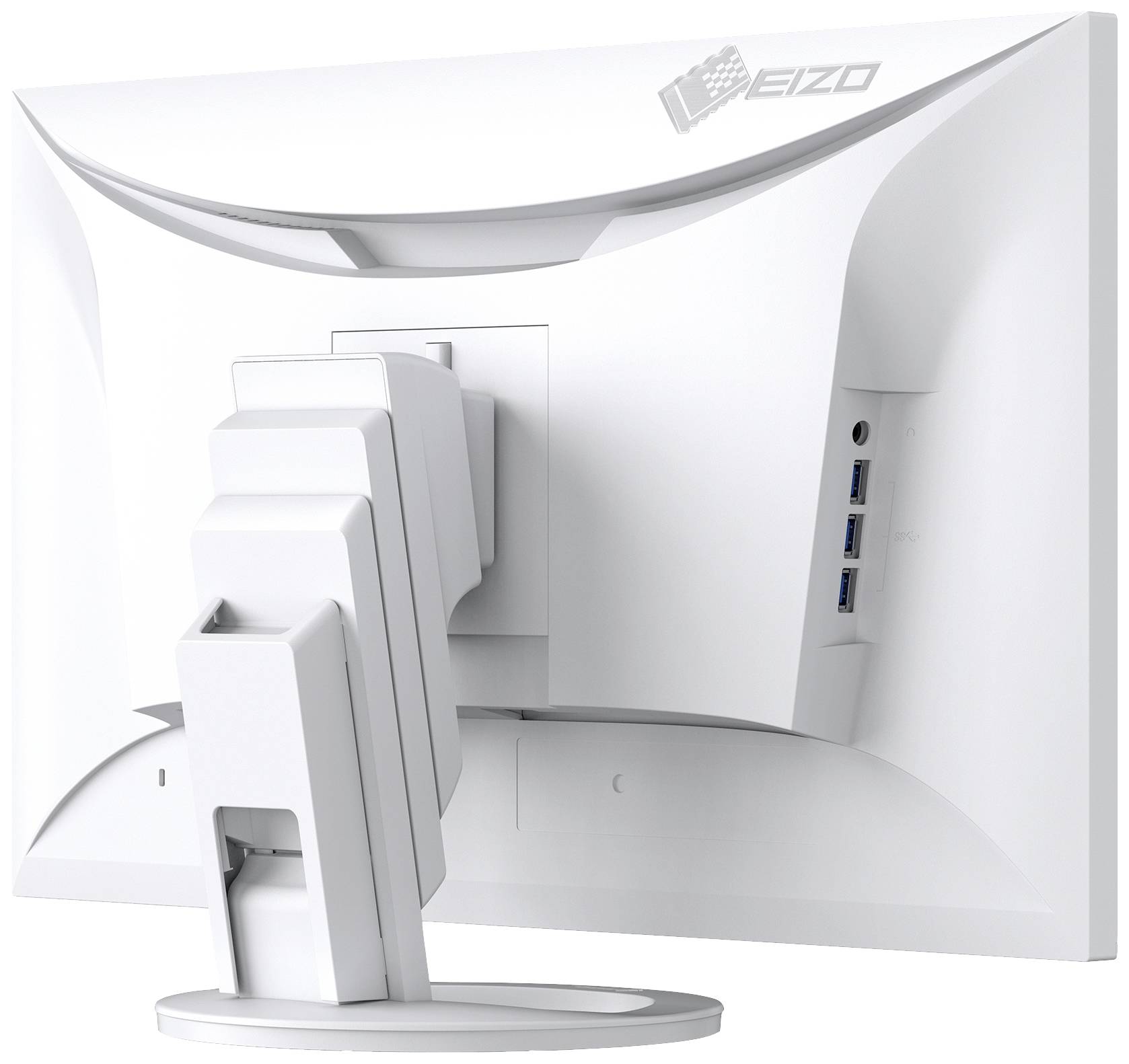 Bagfra et hvidt computermonitor med justerbart stativ. Tre USB-porte er synlige på siden.