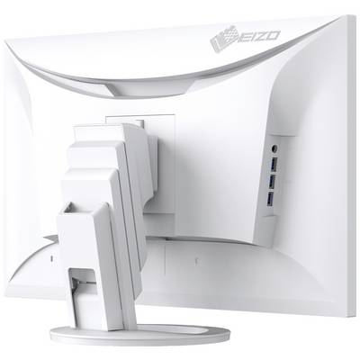 Bagfra et hvidt computermonitor med justerbart stativ. Tre USB-porte er synlige på siden.