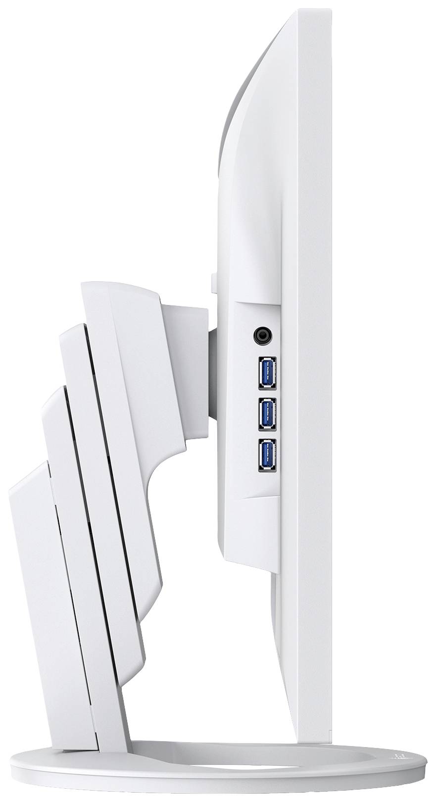 'Sidevisning af en hvid skærm med flere USB-porte på bagsiden, monteret på en robust fod.'