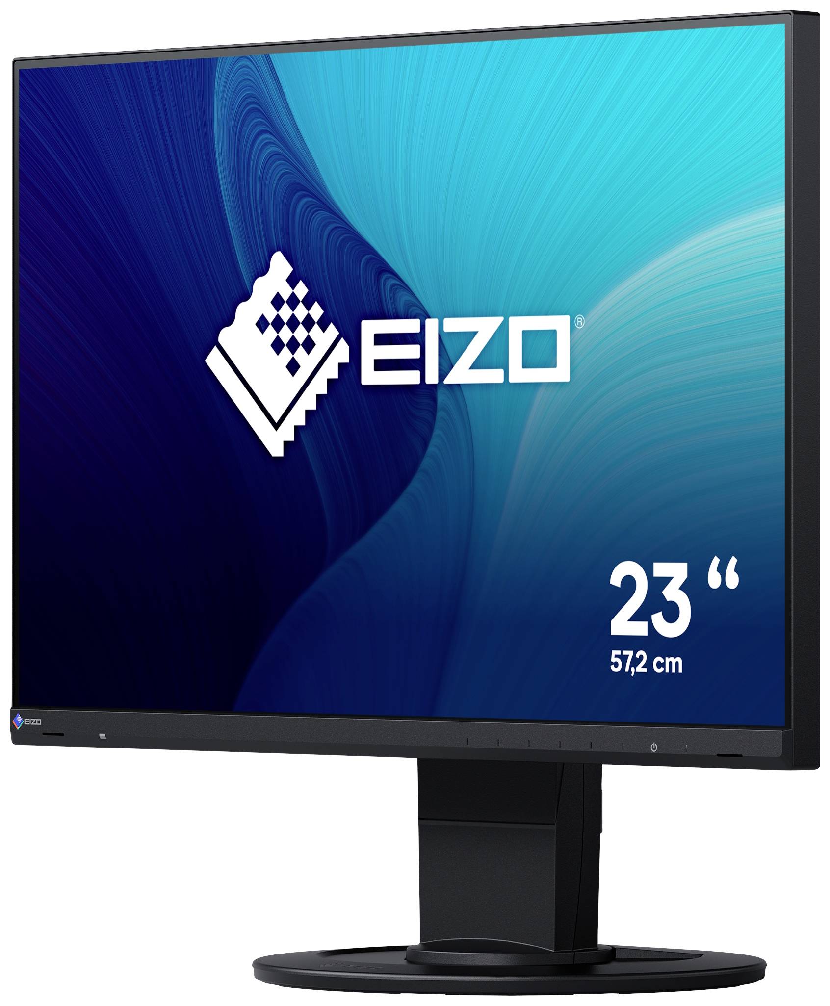 En computerskærm fra mærket Eizo med blå baggrund, viser en skærmstørrelse på 23 tommer (57,2 cm).