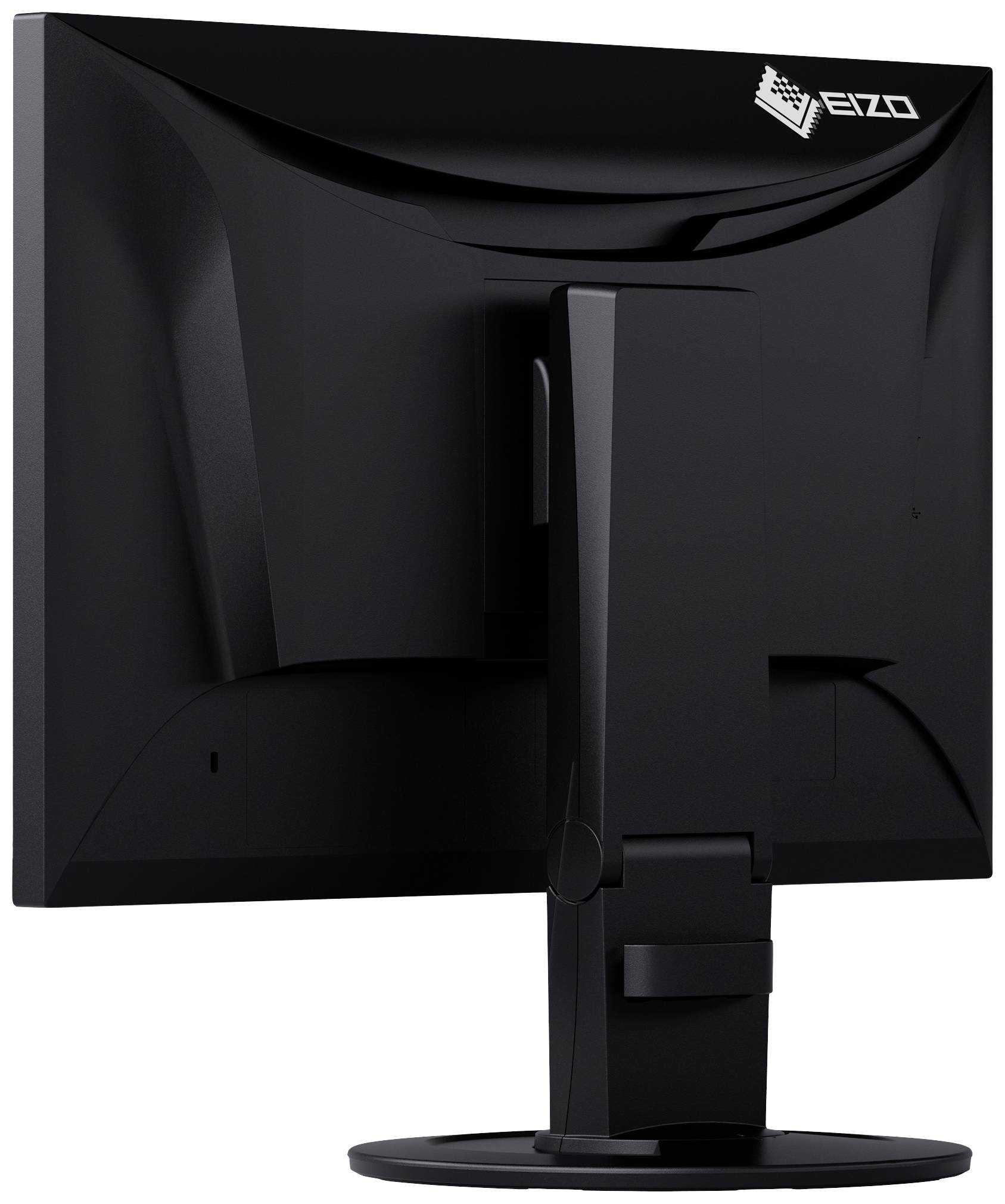 En sort computerskærm set bagfra. Eizo-logoet befinder sig i øverste højre hjørne. Skærmen er monteret på en stabil fod.
