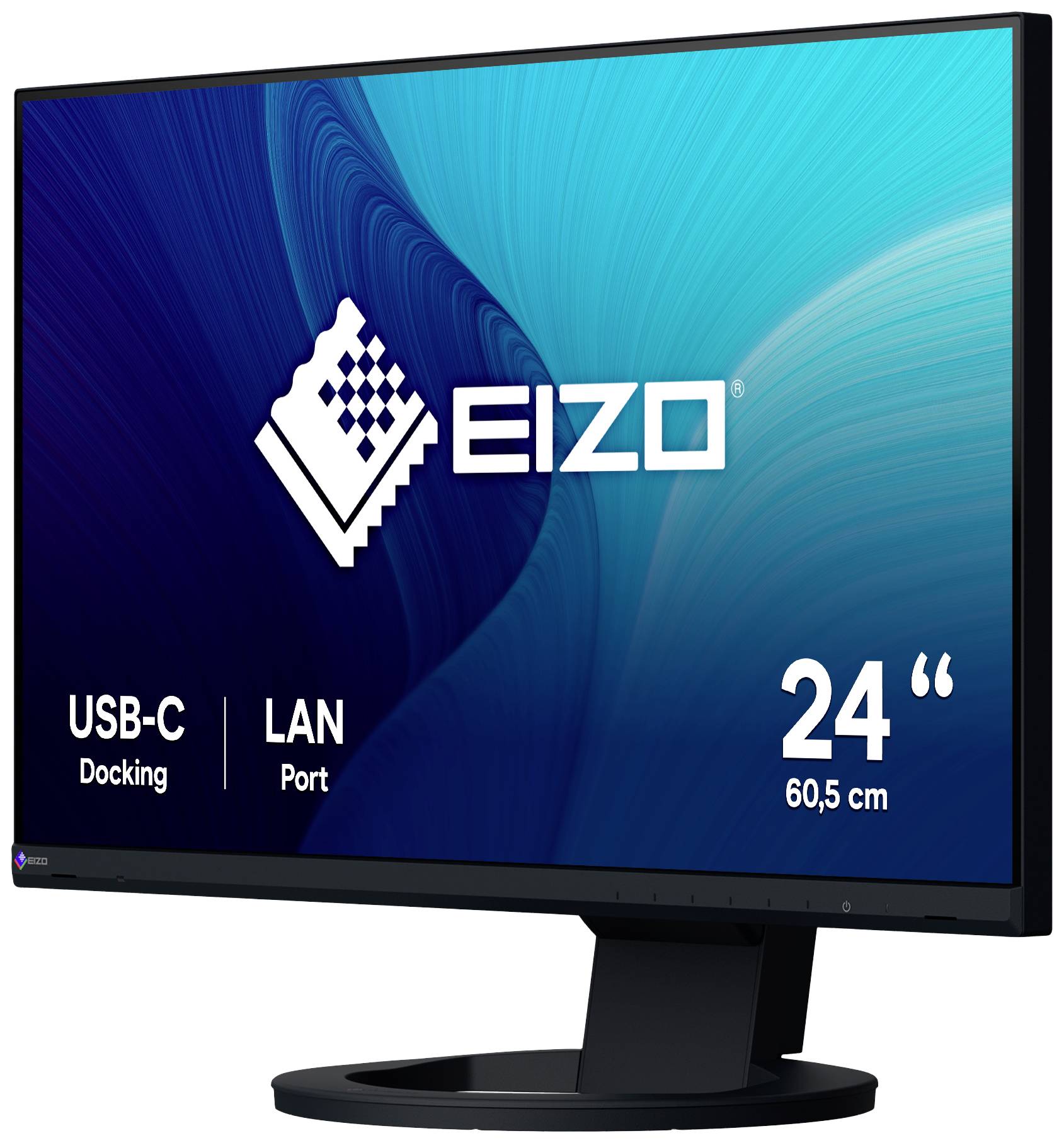 En sort EIZO-skærm med 24 tommer (60,5 cm) skærmdiagonal, HDMI- og USB-C-docking, LAN-port, på sort fod.