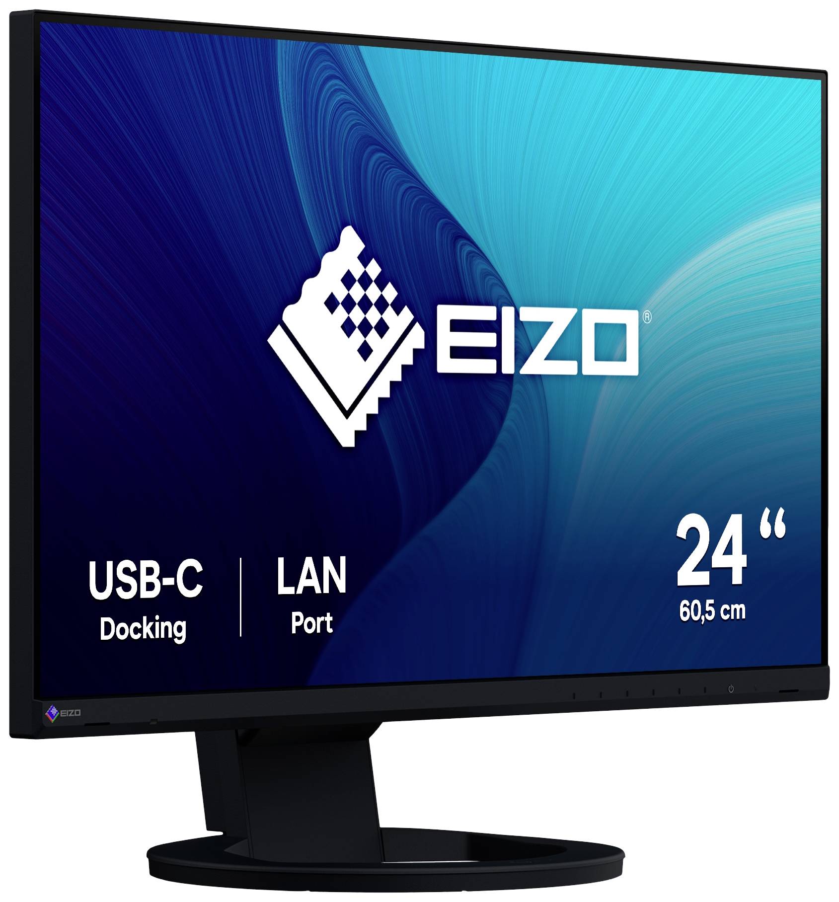 En computerskærm med påskriften 'Eizo', USB-C-dock- og LAN-tilslutningsmuligheder, skærmstørrelse 24 tommer (60,5 cm).