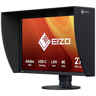 En computerskærm med en lysende orangefarvet skærm, hvor 'EIZO' og tekniske specifikationer som 27 tommer, 4K UHD vises.