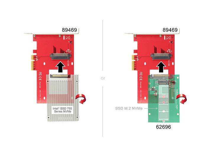 'Billedvejledning til installation: Venstre NVMe-stik til Intel SSD 750-serien, artikel 89469. Højre M.2 NVMe-adapter, artikel 62696.'