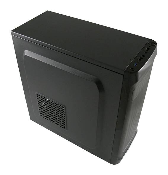 Et sort computerkabinet står lodret. Det har ventilationsåbninger på siden og tilslutninger på den øverste frontpanel.