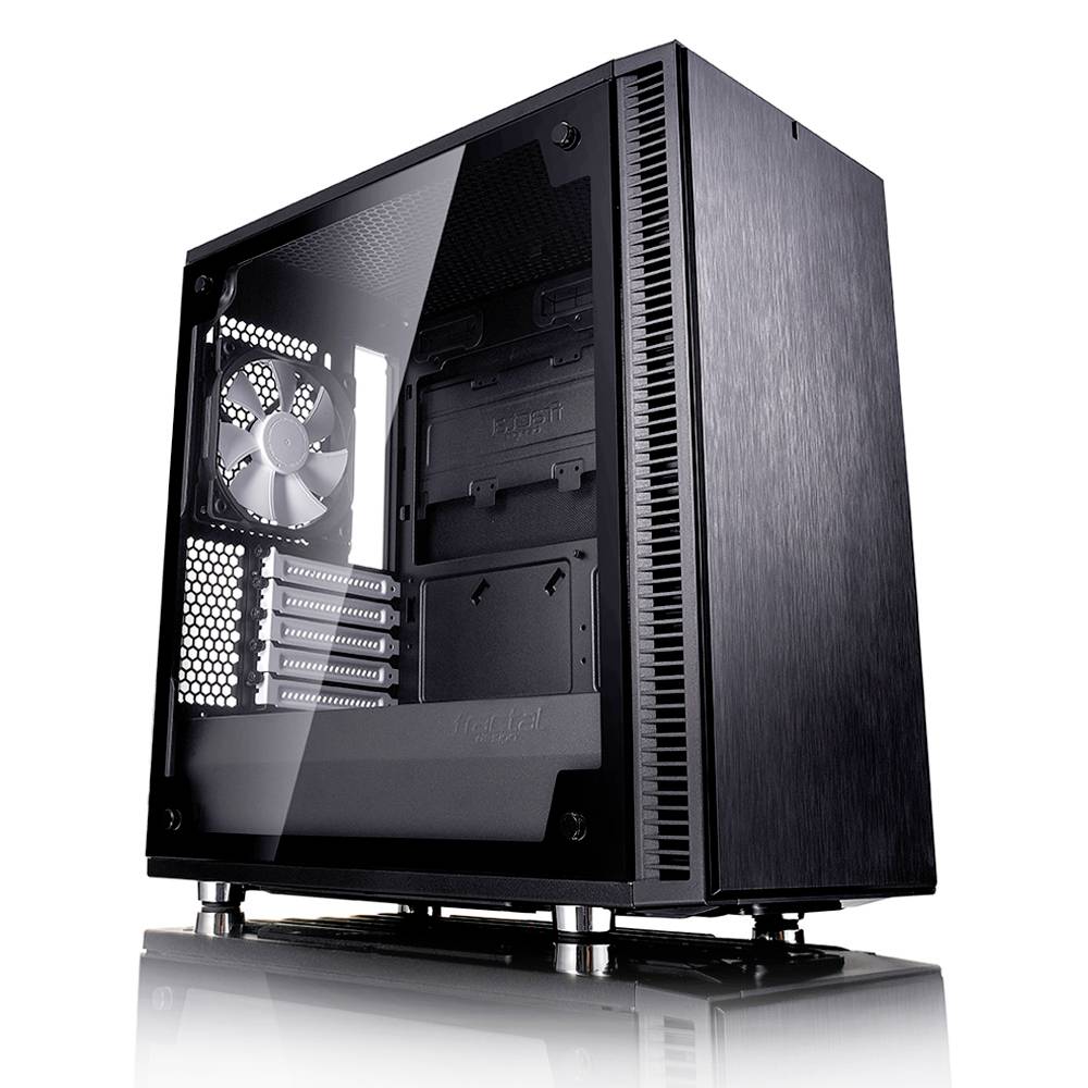 Sort computerkabinet med transparent sidepanel, hvor ventilatorer og indvendige monteringsslots er synlige.