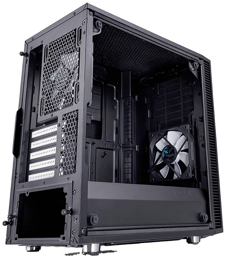 Sort computerkabinet med en ventilator på bagsiden, åben mod forsiden. Egnet til installation af pc-komponenter.