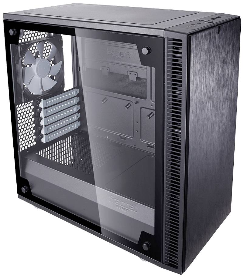 Sort computeretui med gennemsigtigt sidepanel; viser blæsere og interne monteringsbeslag. Velegnet til PC-bygningsprojekter.