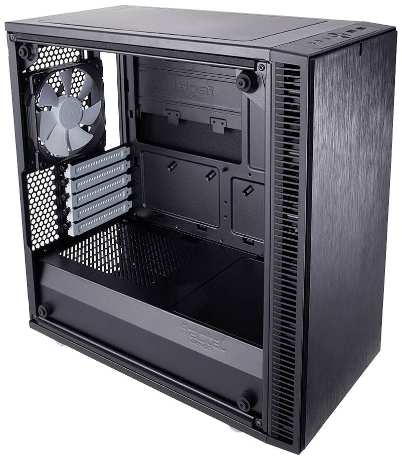 Sort computeretui med åbent sidepanel, synlige blæsere, udvidelsesslots og kabelstyrningssystem.