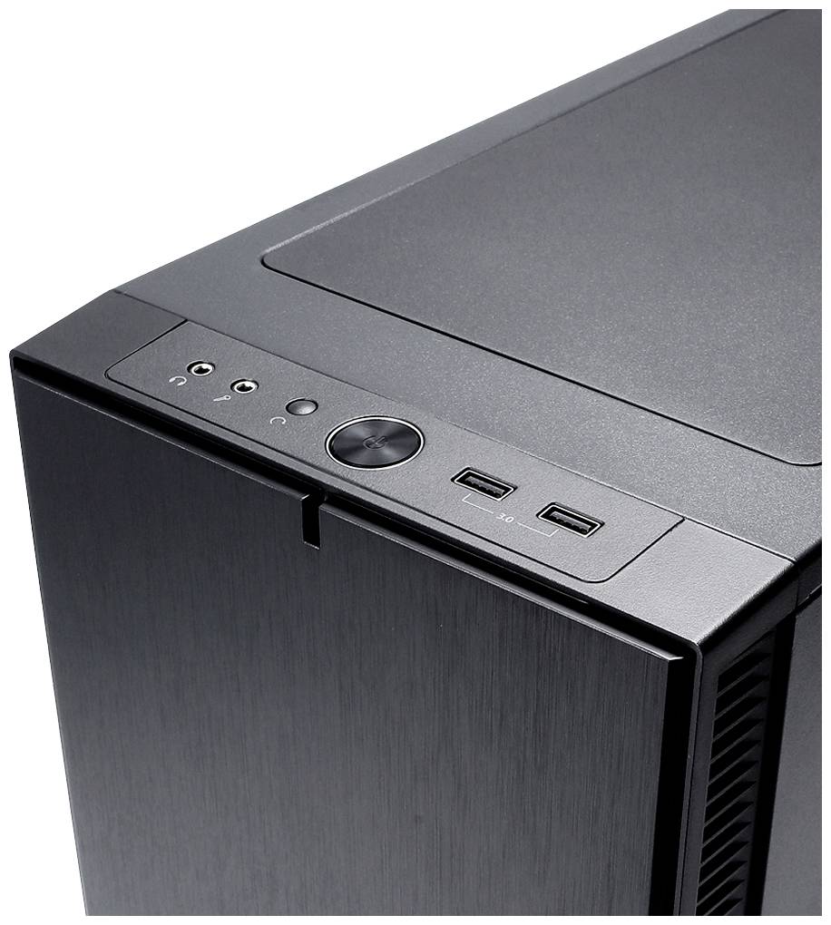 Den øverste del af et sort computerkabinet med USB-porte, hovedtelefon- og mikrofonbøsninger på forsiden.