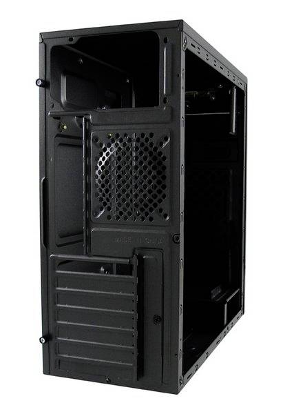 Sort computerkabinet, åbent set bagfra, viser tomme monteringsslots og ventilationsgitter. Egnet til komponenter i et tower-pc.