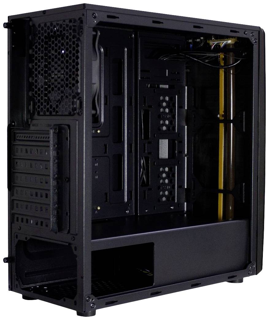 Sort PC-kabinet uden komponenter, viser indre struktur med flere pladser og kabelstyringsmuligheder, perfekt til PC-samling.
