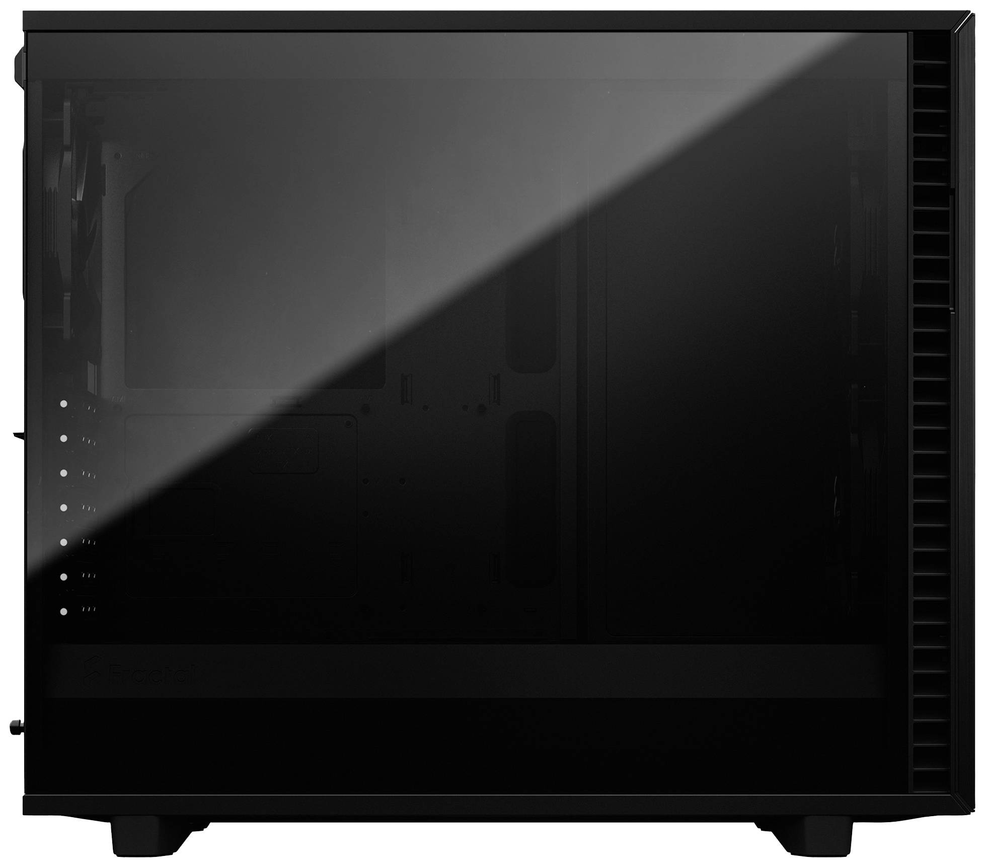 Sort computerkabinet med gennemsigtig sidevæg, der viser rummet til hardwarekomponenter. Statisk og minimalistisk.