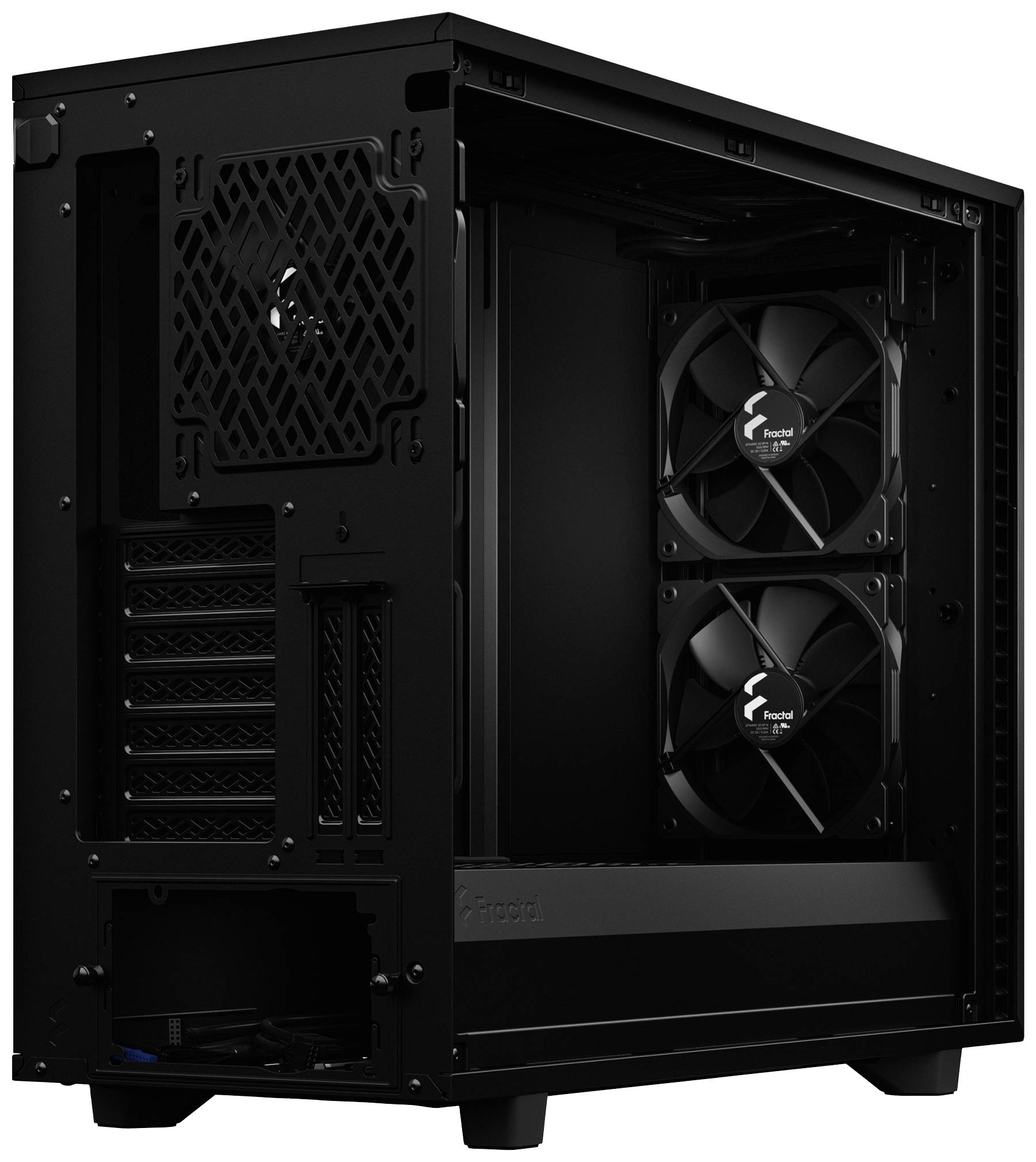 Sort computerkabinet med to synlige ventilatorer på bagsiden, egnet til bygning af en PC.