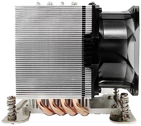 En CPU-køler med et aluminiumkølelegeme og fire kobber-heatpipes. Sidevisningen viser blæseren monteret til højre.