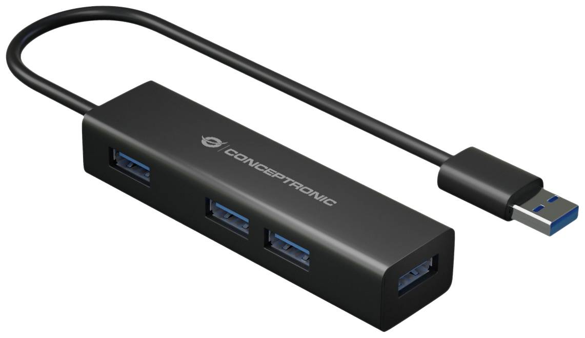 Sort USB-hub med fire USB-porte og et kort kabel, perfekt til at udvide USB-forbindelserne på computere eller bærbare computere.