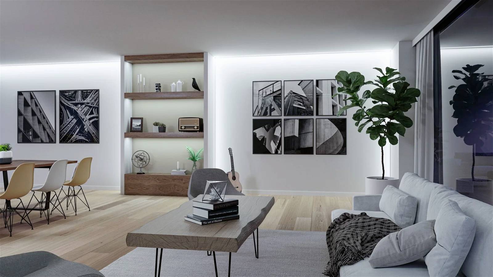 Moderne stue med trægulv, hvide vægge, grå sofa og træbord. Sort og hvid fotokunst på væggen, stor plante.