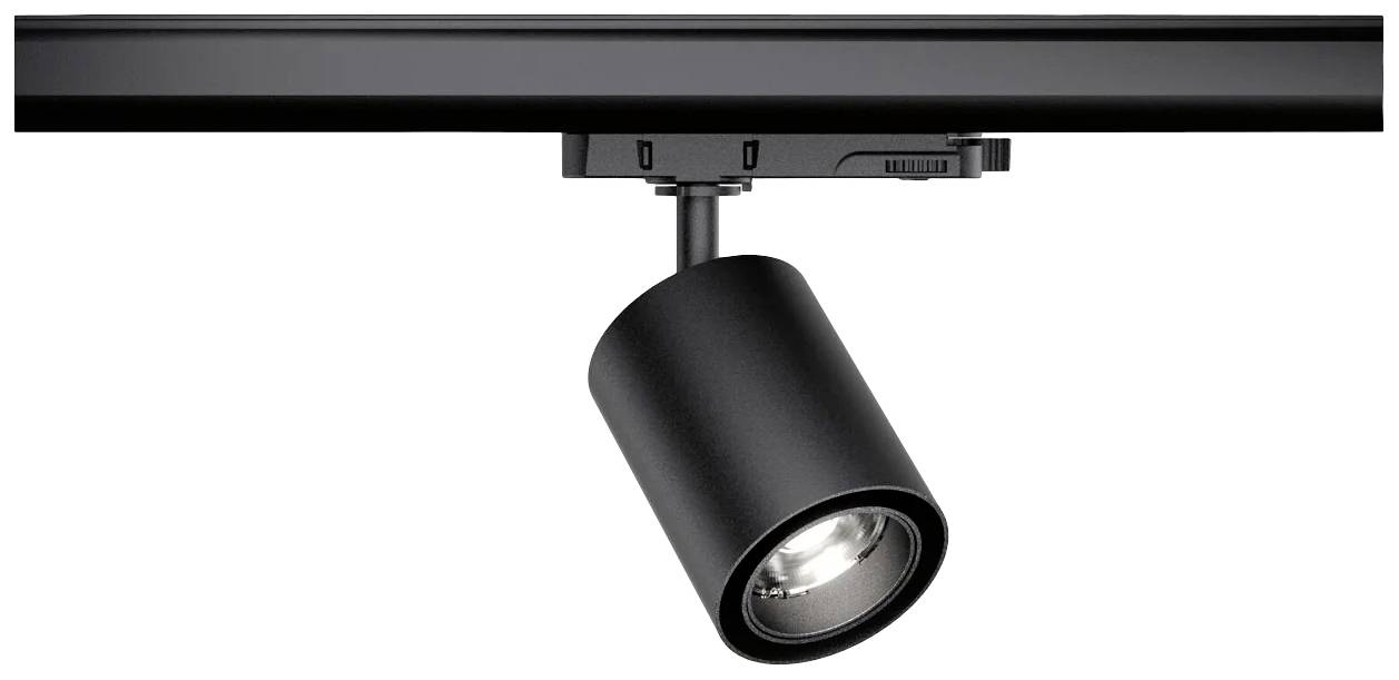 Sort LED-loftsspot med cylindrisk lampehoved, monteret på en skinne.