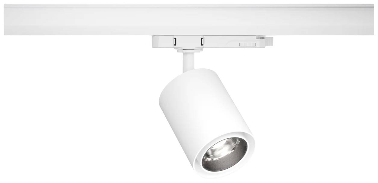 En hvid loftsspot er monteret på en skinne. Den cylinderformede lampeenhed kan drejes og er rettet nedad.