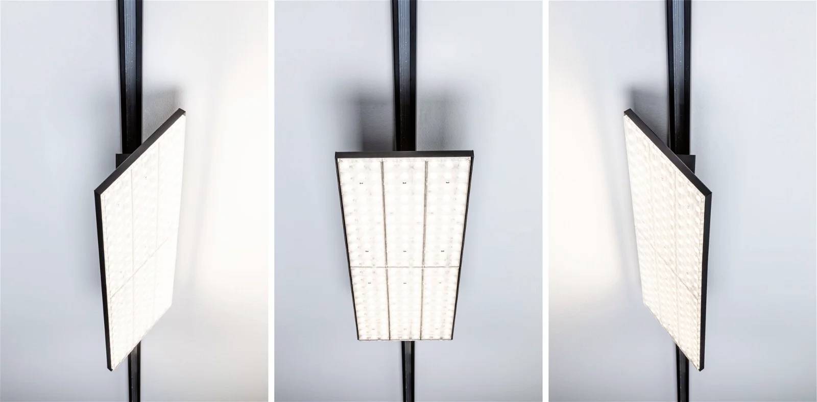 LED-loftslampe monteret i tre perspektiver, viser belysningens tilpasningsevne og funktionelle design.